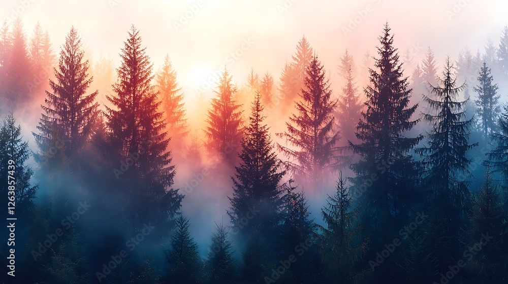 Misty sunrise in mountain coniferous forest Misty sunrise in mountain coniferous forest