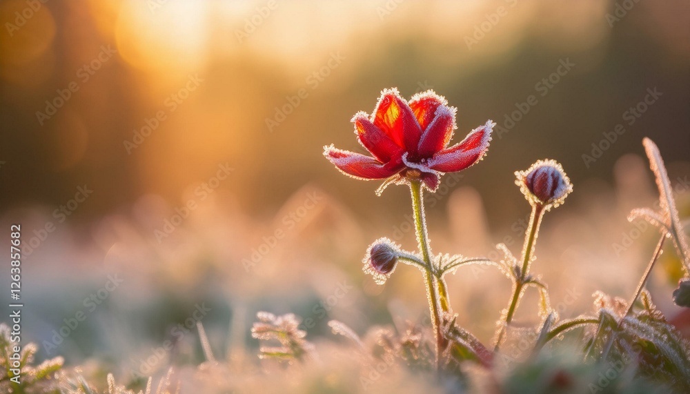 Frozen red flower selective focus. Winter scene Frozen red flower selective focus. Winter scene
