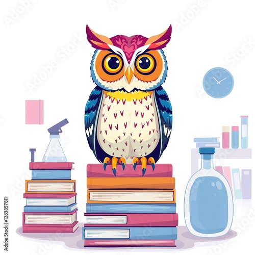 Nocturnal Wisdom: Owl Atop Bibliographic Pinnacle photo