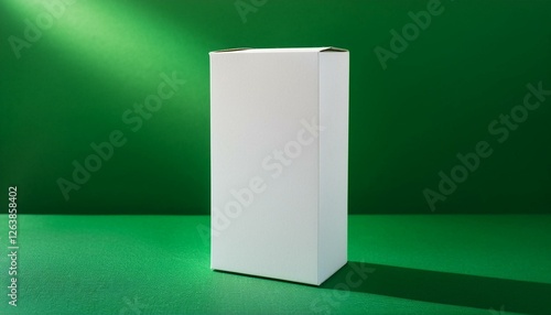 Realistic blank white product package box mockup, green background 