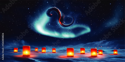 Mesmerizing Vector Art: Dragon Under Northern Lights with Glowing Lanterns on Snowy Landscape at Night - Majestic Fantasy Scene with Starry Sky