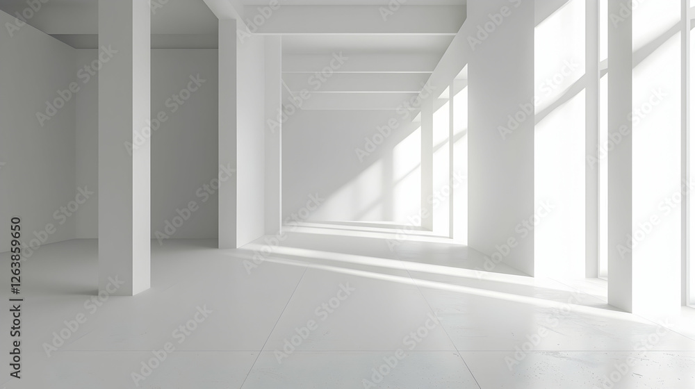 Fototapeta premium Bright, minimalistic interior space with large windows casting shadows, ideal for modern design concepts