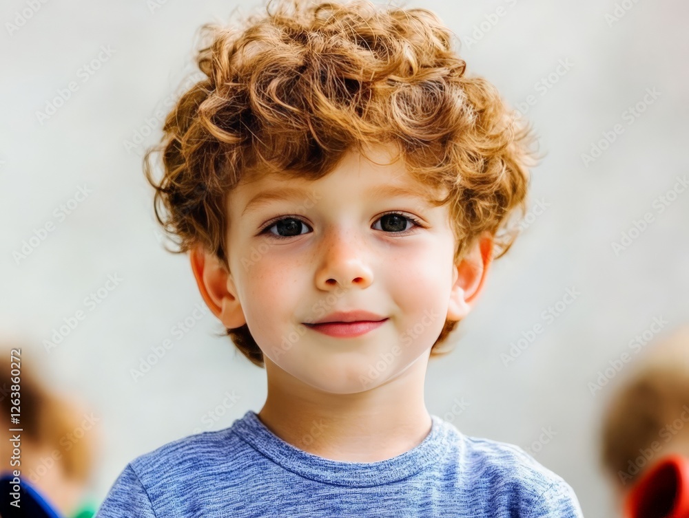 Curly haired young boy with bright blue eyes smiling in soft natural lighting, warm tones, and blurred background emphasizing childhood innocence and joy in a candid portrait photography composition Curly haired young boy with bright blue eyes smiling in soft natural lighting, warm tones, and blurred background emphasizing childhood innocence and joy in a candid portrait photography composition