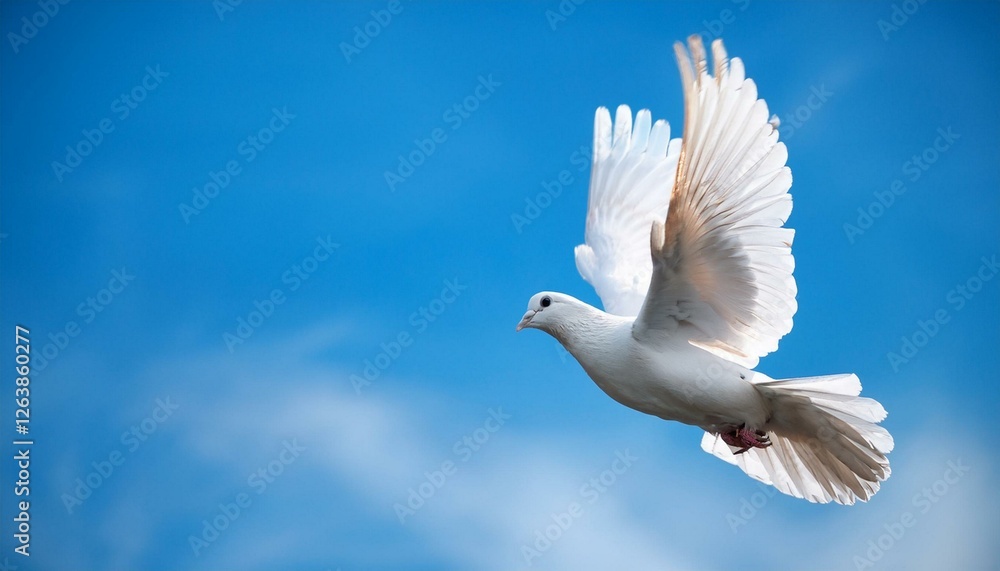 Fototapeta premium White dove flying on blue sky. Peace concept