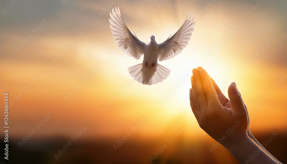 Fototapeta premium Praying hands and white dove flying happily on blurred background with sunset , hope and freedom concept. 