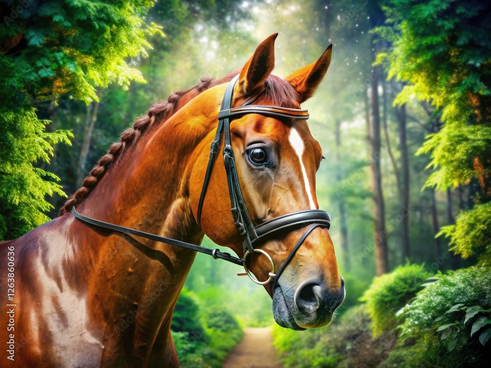 Obraz premium Double exposure: powerful chestnut horse dominates, vibrant competition blurred beneath.