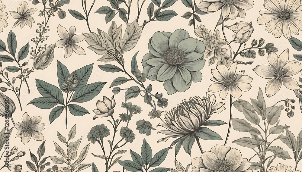 Elegant floral pattern with intricate line work and muted color palette Elegant floral pattern with intricate line work and muted color palette