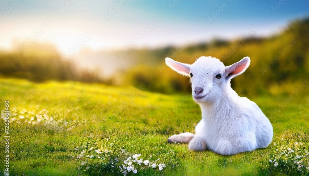 Fototapeta premium Cute sitting baby goat sheep background banner panorama spring easter. Eid mubarak 
