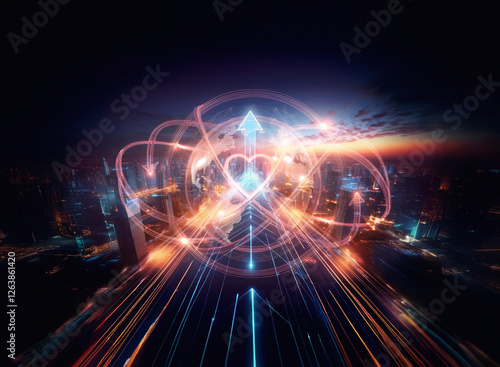 Wallpaper Mural Abstract light trails form a heart shape above a vibrant cityscape at night. Glowing orange and blue lines create a dynamic and futuristic scene with a sense of connection and energy. Torontodigital.ca