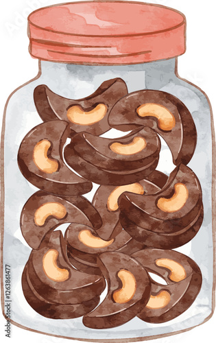 Chocolate Mede Cookies in a jar. Watercolor snack vector of choco mede cookies fit for label, cooking books or eid al fitr assets