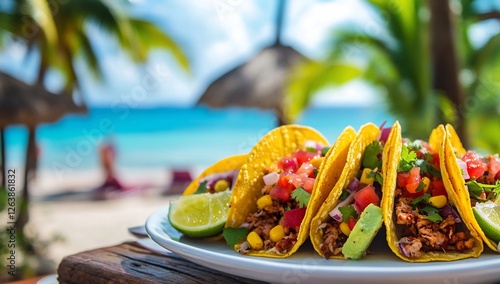 Delicious tacos with meat, vegetables, and avocado served on a plate against a tropical beach background. photo