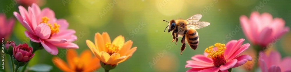 Happy bee soaring above colorful flowers with delicate petals, flowers, flight, wings Happy bee soaring above colorful flowers with delicate petals, flowers, flight, wings
