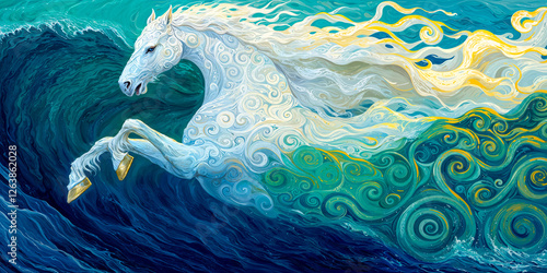 White horse galloping over the ocean, spirals, Celtic style, wide banner photo