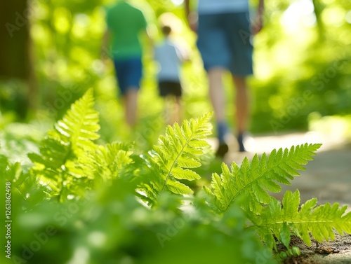 Close up of green ferns and plants in soft sunlight with blurred background, emphasizing delicate natural beauty, freshness, and organic growth in a peaceful forest environment photo