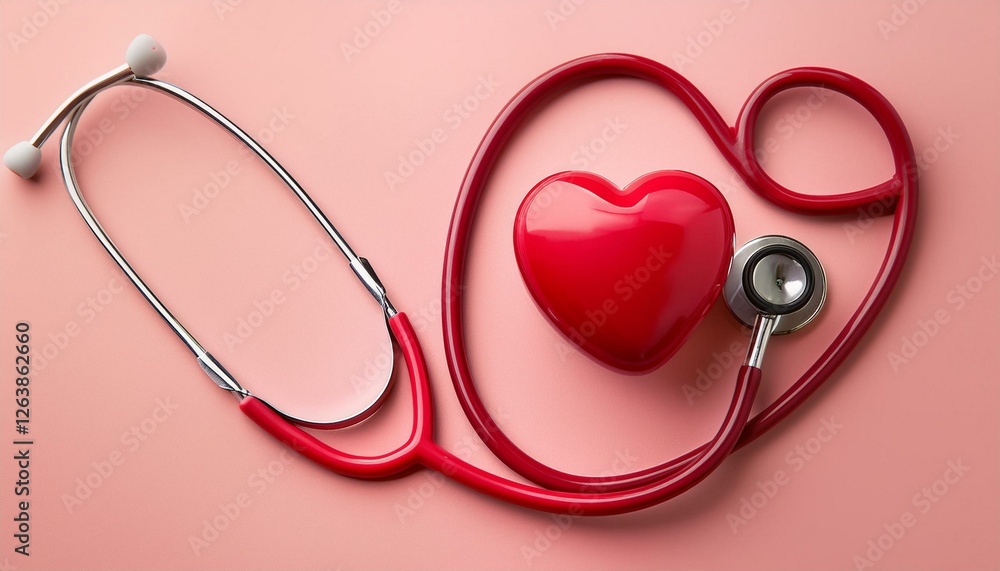 Red heart shape stethoscope and red heart on pink background. Hospital life insurance concept, world heart health day. doctor day Red heart shape stethoscope and red heart on pink background. Hospital life insurance concept, world heart health day. doctor day