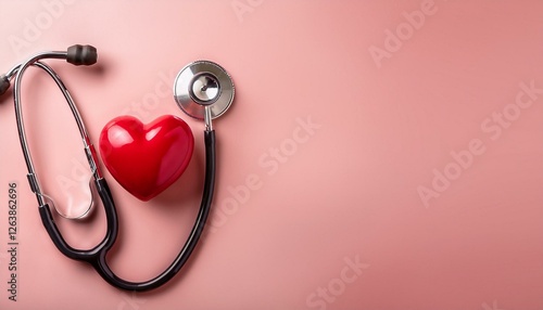 Red heart shape stethoscope and red heart on pink background. Hospital life insurance concept, world heart health day. doctor day