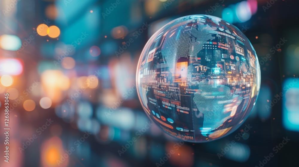 A high-tech glass sphere reflecting digital data, stock market trends, and futuristic city lights, symbolizing technology and global connectivity. AI generated. A high-tech glass sphere reflecting digital data, stock market trends, and futuristic city lights, symbolizing technology and global connectivity. AI generated.