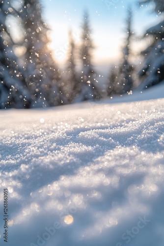 Wallpaper Mural Sparkling snow texture at sunset with blurred snowy forest background. Torontodigital.ca