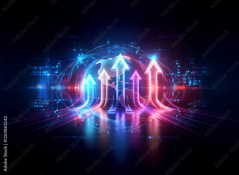 Fototapeta premium Neon arrows point upwards from a glowing digital globe, symbolizing growth and advancement in technology and global connectivity.