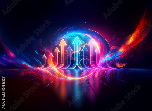 Wallpaper Mural Upward arrows in a circular formation with a neon blue glow against a dark backdrop with red and orange light effects. Evokes growth and progress. Torontodigital.ca