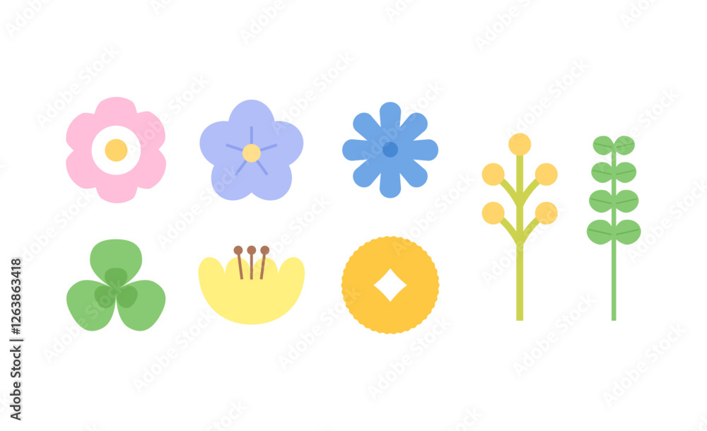 Pastel color flowers and plants sticker set. Isolated Flat vector illustration on white background. Pastel color flowers and plants sticker set. Isolated Flat vector illustration on white background.