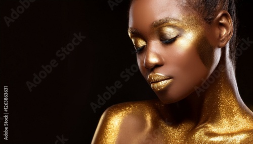 Wallpaper Mural Portrait closeup Beauty african woman face in gold paint. Golden shiny skin. Fashion model girl posing.  Torontodigital.ca