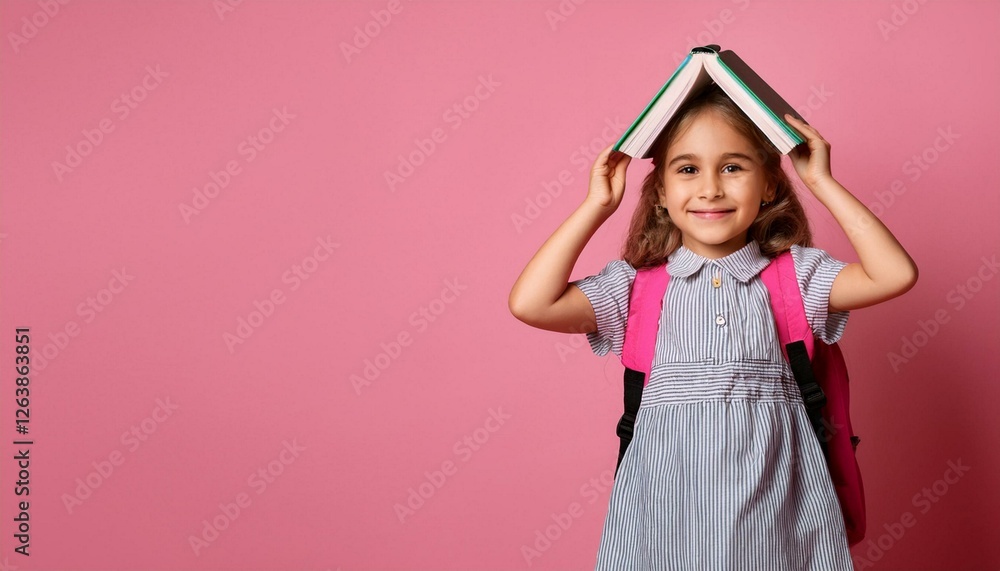 Funny happy preschool child girl with book on head and bag on pink background. Happy smiling kid go back to school, kindergarten. Text space Funny happy preschool child girl with book on head and bag on pink background. Happy smiling kid go back to school, kindergarten. Text space