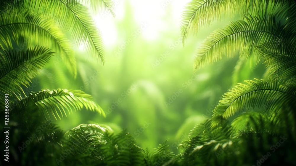 Sunlight shining through dense tropical rainforest, lush ferns and rich green foliage creating vibrant, untouched wilderness scene with dynamic light and shadow effects