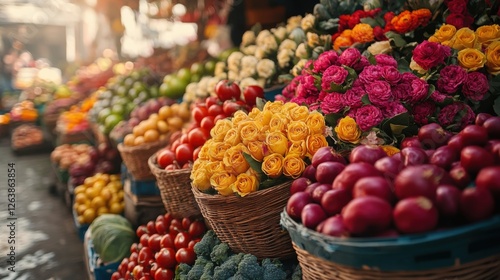 Vibrant Flower and Fruit Market Stalls with Colorful Roses, Fresh Produce and Lively Atmosphere