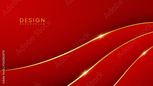 Abstract red luxury background with golden lines and wave shape
