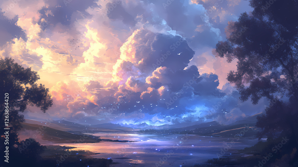 Fototapeta premium Iridescent mist swirls in blue and purple hues amidst a darkening landscape, blue smoke, smoky skies. Opalescent Skies. Illustration