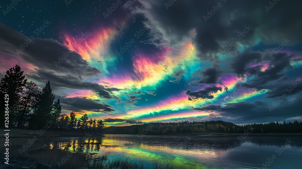 Fototapeta premium Iridescent sky phenomenon with low angle view. Opalescent Skies. Illustration