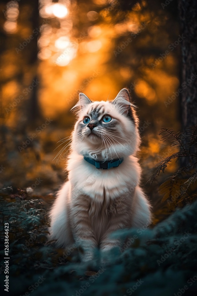 A fluffy Ragdoll kitten with striking blue eyes sits amidst autumnal foliage, gazing upwards in a sun-dappled forest. A fluffy Ragdoll kitten with striking blue eyes sits amidst autumnal foliage, gazing upwards in a sun-dappled forest.