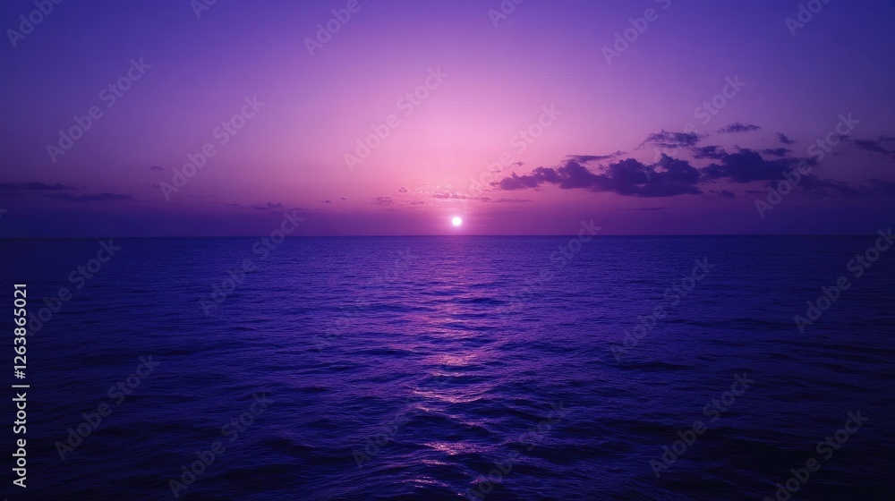 Fototapeta premium Ocean sunset, purple hues, calm waters, tranquil scene, travel backdrop