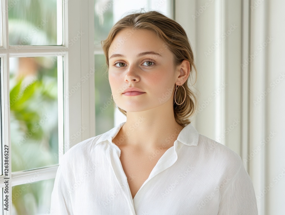 Young woman with tied back hair wearing white blouse, standing indoors near bright window, soft daylight illuminating face, introspective gaze, simplicity, minimalistic portrait, modern elegance Young woman with tied back hair wearing white blouse, standing indoors near bright window, soft daylight illuminating face, introspective gaze, simplicity, minimalistic portrait, modern elegance