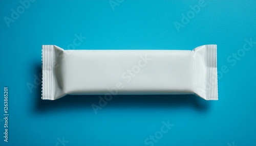 Snack bar or candy wrapper white plastic blank mockup for brand product, blue background 