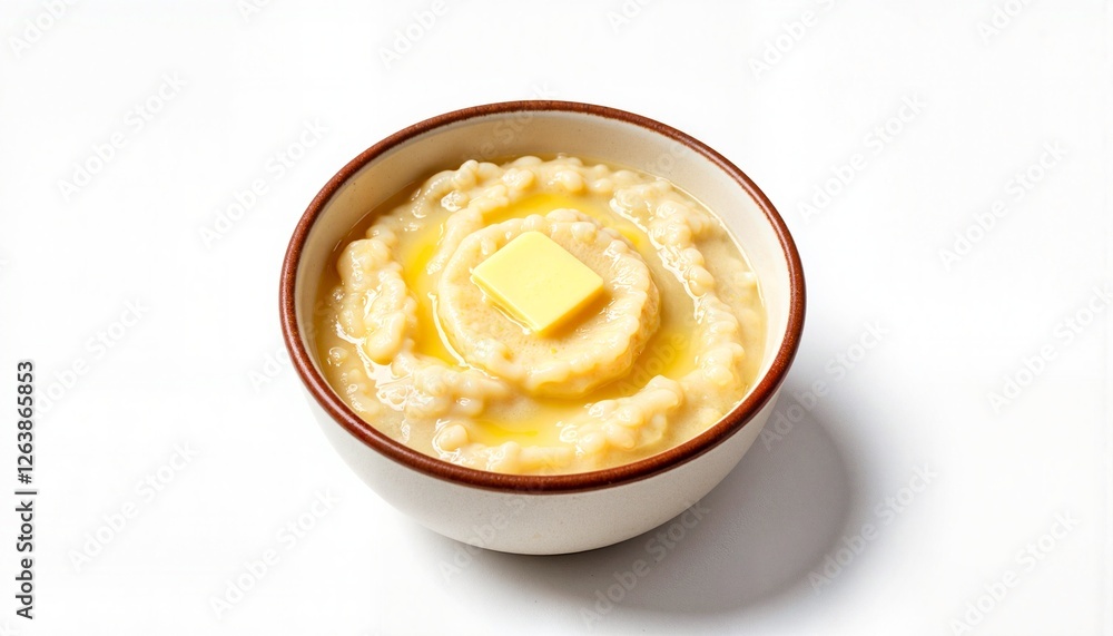 Bowl of creamy mashed potatoes with melted butter, isolated on white background, great for ads. Bowl of creamy mashed potatoes with melted butter, isolated on white background, great for ads.