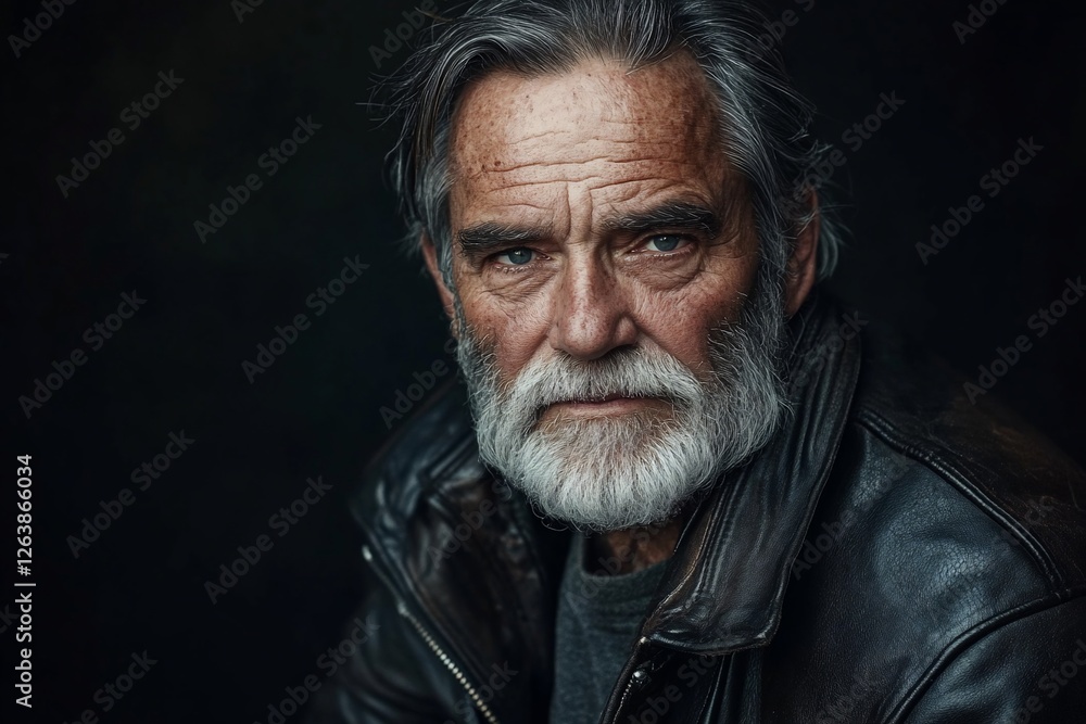 Close-up portrait of a serious, older man with gray hair and beard, wearing a leather jacket against a dark background. Close-up portrait of a serious, older man with gray hair and beard, wearing a leather jacket against a dark background.