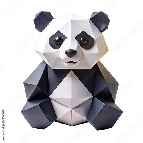 This origami panda features distinct geometric shapes and is presented in a simple blank art space highlighting its creative design and colors photo