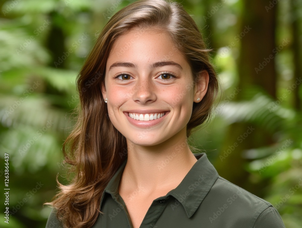 Smiling young woman with wavy brown hair standing amidst tropical green plants, exuding joy, confidence, and harmony with nature in a naturally lit lifestyle portrait Smiling young woman with wavy brown hair standing amidst tropical green plants, exuding joy, confidence, and harmony with nature in a naturally lit lifestyle portrait