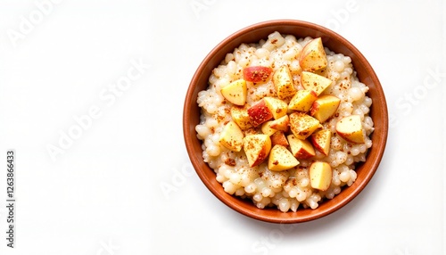 Bowl of oatmeal with diced apples and cinnamon, isolated on white background, perfect for branding.