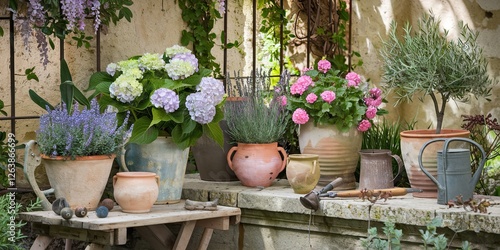 Fototapeta Naklejka Na Ścianę i Meble -  Rustic floral display, lavender, hydrangeas, pink geraniums in weathered pots on weathered stone with a metal watering can, soft natural light