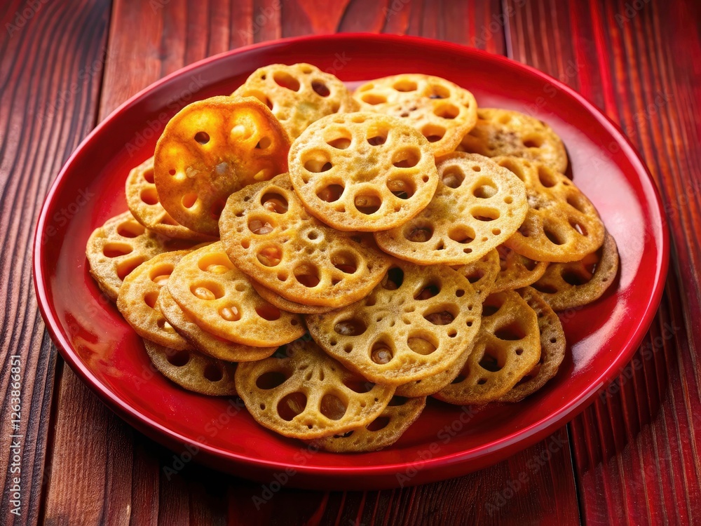 From above, crispy lotus root chips shine on a red plate, a delicious and visually appealing Asian treat. From above, crispy lotus root chips shine on a red plate, a delicious and visually appealing Asian treat.