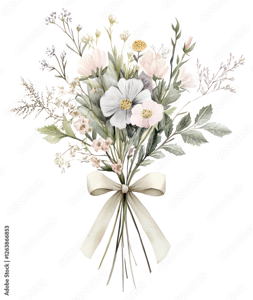 Obraz premium PNG Watercolor pastel wildflower bouquet flowers ribbon colors.