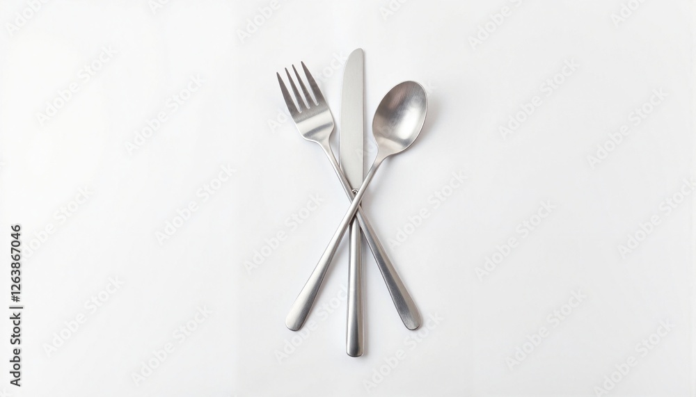 Minimalistic set of stainless steel fork, knife, and spoon, isolated on white background. Minimalistic set of stainless steel fork, knife, and spoon, isolated on white background.