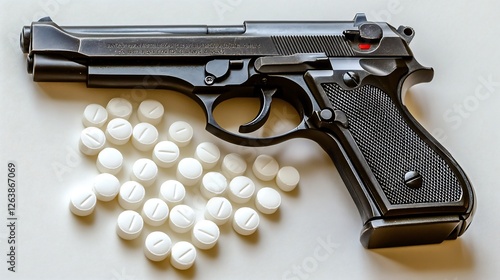 Handgun rests near scattered pills stark white background depicting somber mood. AI Generated photo