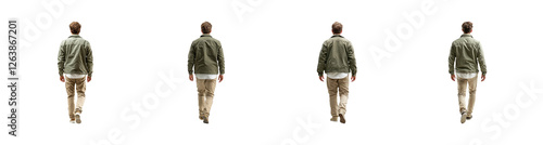 Man Walking Away in Casual Attire with Green Jacket