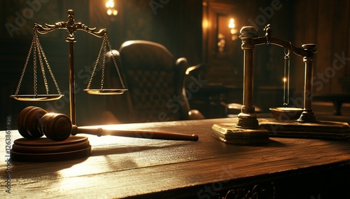 Gavel, scales of justice on wooden desk in dimly lit room. photo