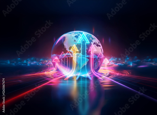 Wallpaper Mural Glowing globe with vibrant neon arrows pointing upwards, symbolizing global growth and futuristic technology in a digital world. Torontodigital.ca