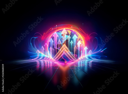 Wallpaper Mural Vibrant abstract shape with upward arrows glows with rainbow neon colors on a dark reflective surface for a dynamic, futuristic look. Torontodigital.ca